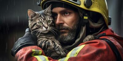 ai généré pompier sauvé chaton de Feu génératif ai photo