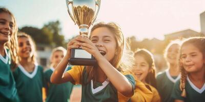 ai généré enfant fille avec tasse célébrer la victoire génératif ai photo