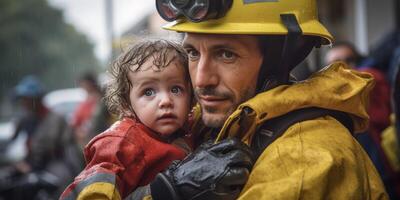 ai généré pompier sauve enfant de Feu génératif ai photo