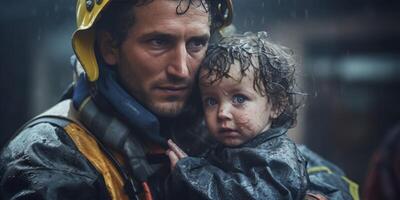 ai généré pompier sauve enfant de Feu génératif ai photo