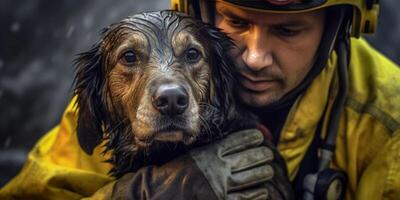 ai généré sapeur pompier porte chien en dehors de Feu génératif ai photo