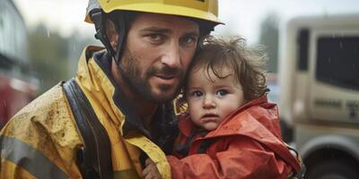 ai généré pompier sauve enfant de Feu génératif ai photo