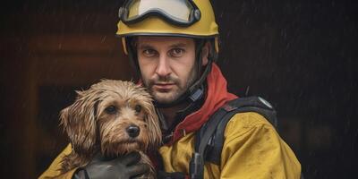 ai généré sapeur pompier porte chien en dehors de Feu génératif ai photo