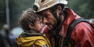 ai généré pompier sauve enfant de Feu génératif ai photo