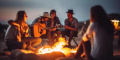 ai généré Chansons avec une guitare à une feu de camp dans la nature génératif ai photo