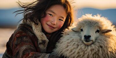 ai généré mongol fille avec un animal tif génératif ai photo