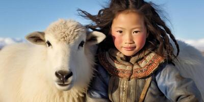 ai généré mongol fille avec un animal tif génératif ai photo