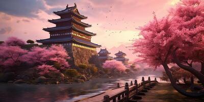 ai généré Japonais palais pendant Cerise fleur paysage génératif ai photo