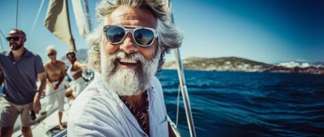 ai généré personnes âgées homme dans des lunettes de soleil sur une yacht avec copains génératif ai photo