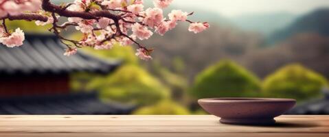 ai généré vide en bois table avec Sakura branche génératif ai photo