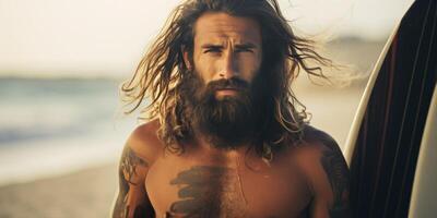 ai généré tatoué homme surfeur sur le plage génératif ai photo