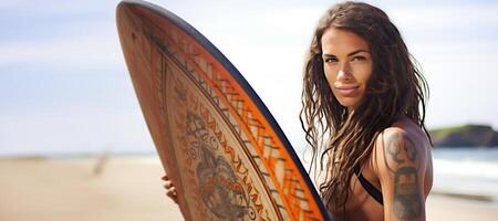 ai généré tatoué femme surfeur sur le plage génératif ai photo
