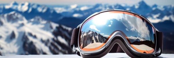 ai généré skieur des lunettes de soleil avec montagnes réflexion sur le lentilles génératif ai photo