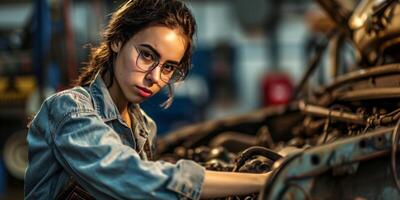 ai généré fille mécanicien mécanicien fixation une voiture génératif ai photo