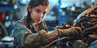 ai généré fille mécanicien mécanicien fixation une voiture génératif ai photo