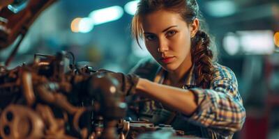 ai généré fille mécanicien mécanicien fixation une voiture génératif ai photo