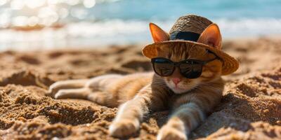 ai généré chat sur plage chapeau et des lunettes de soleil génératif ai photo