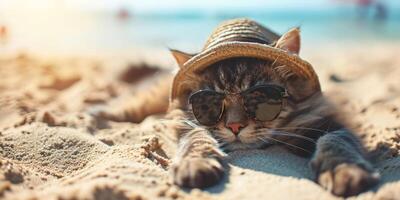 ai généré chat sur plage chapeau et des lunettes de soleil génératif ai photo