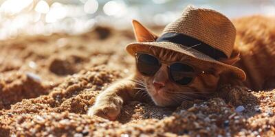 ai généré chat sur plage chapeau et des lunettes de soleil génératif ai photo