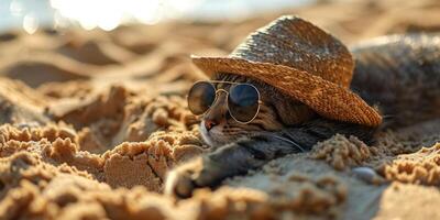 ai généré chat sur plage chapeau et des lunettes de soleil génératif ai photo