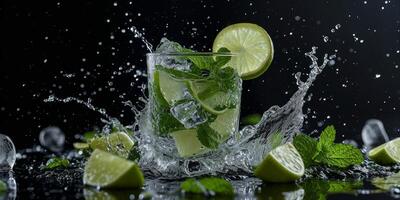 ai généré Couper citron vert pièces éclaboussures de l'eau génératif ai photo