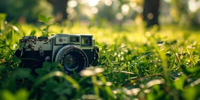 ai généré rétro caméra dans vert herbe génératif ai photo