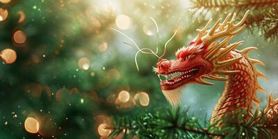 ai généré dragon contre le Contexte de le Noël arbre génératif ai photo