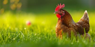 ai généré poulet sur vert herbe génératif ai photo