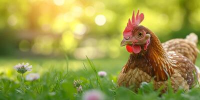 ai généré poulet sur vert herbe génératif ai photo