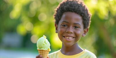 ai généré enfant en mangeant la glace crème sur une flou Contexte génératif ai photo