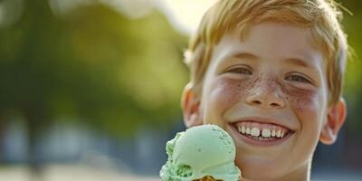 ai généré enfant en mangeant la glace crème sur une flou Contexte génératif ai photo