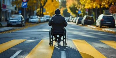 ai généré une homme dans une fauteuil roulant monte le long de une rue génératif ai photo