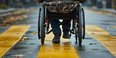 ai généré une homme dans une fauteuil roulant monte le long de une rue génératif ai photo