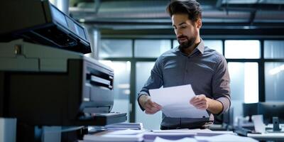 ai généré Bureau ouvrier Masculin copies les documents sur une copie machine génératif ai photo