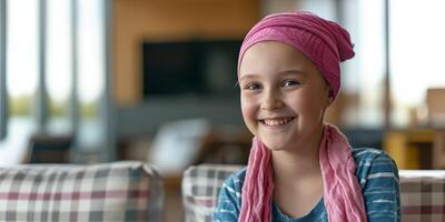 ai généré souriant enfant, fille dans foulard, cancer patient génératif ai photo