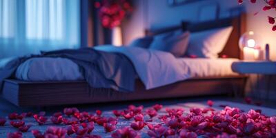 ai généré Rose pétales dans le chambre sur la Saint-Valentin journée génératif ai photo