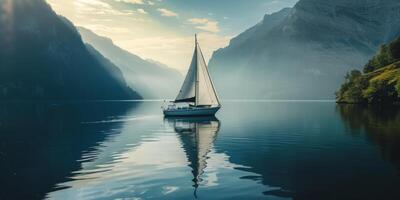 ai généré voile yacht sur une Lac parmi le montagnes génératif ai photo