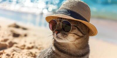 chat dans une chapeau portant des lunettes de soleil sur le plage photo
