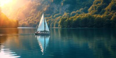 ai généré voile yacht sur une Lac parmi le montagnes génératif ai photo