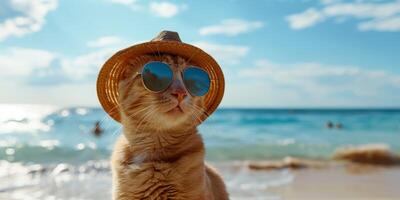 ai généré chat dans une chapeau portant des lunettes de soleil sur le plage génératif ai photo