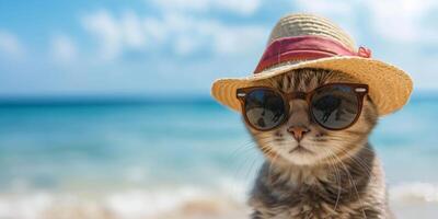 chat dans une chapeau portant des lunettes de soleil sur le plage photo