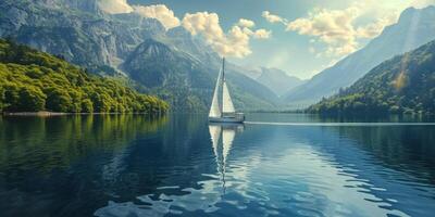 ai généré voile yacht sur une Lac parmi le montagnes génératif ai photo