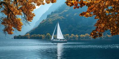 ai généré voile yacht sur une Lac parmi le montagnes génératif ai photo