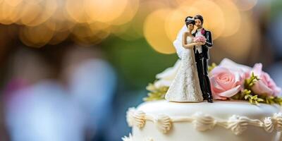 jeunes mariés figurines sur une mariage gâteau photo