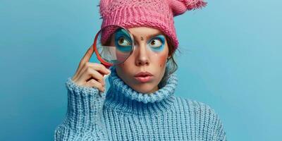 femme dans une tricoté chandail avec une grossissant verre photo