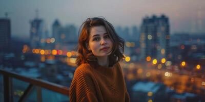 Jeune femme dans une tricoté chandail contre le Contexte de le ville photo