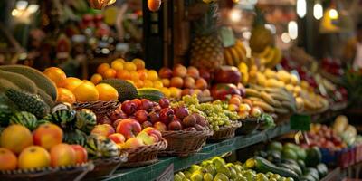 compteurs avec des légumes et des fruits dans une supermarché photo