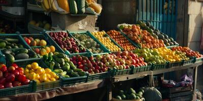 compteurs avec des légumes et des fruits dans une supermarché photo