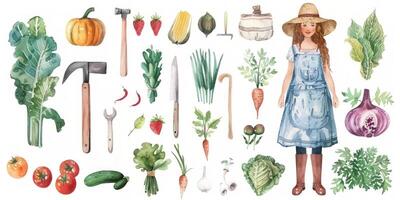 agriculteur avec des légumes et outils pour légume jardin dessin photo