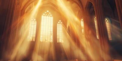 brillant des rayons de lumière pénétrant par le les fenêtres de le église photo